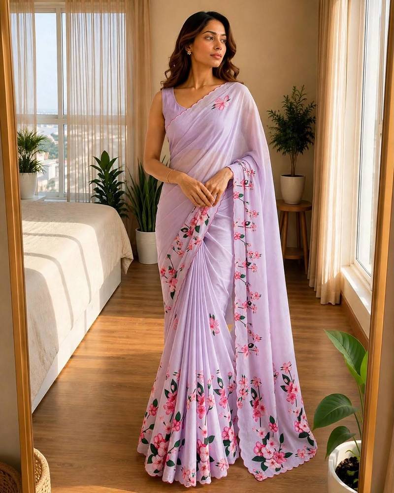 baby-pink silk blend floral print ready to wear saree