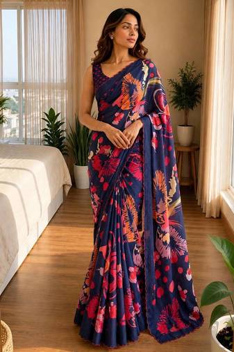 navy-blue silk blend floral print ready to wear saree