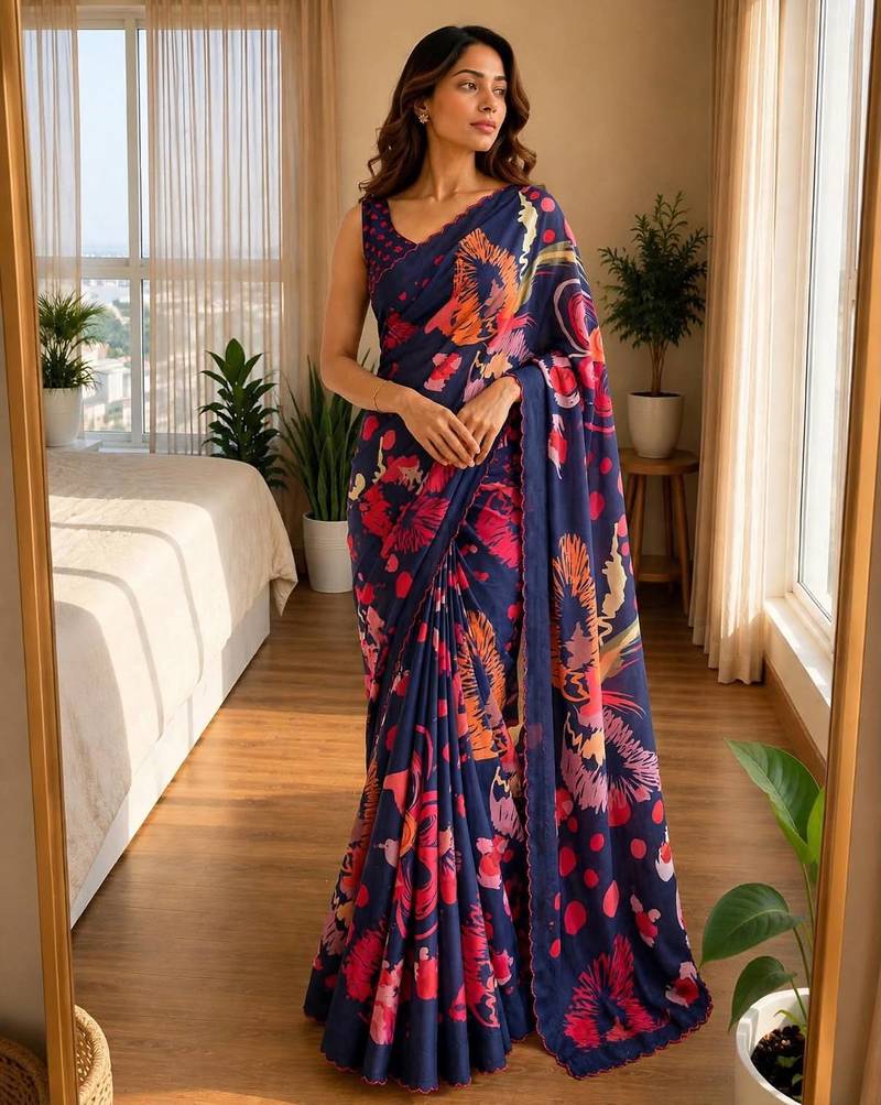 navy-blue silk blend floral print ready to wear saree