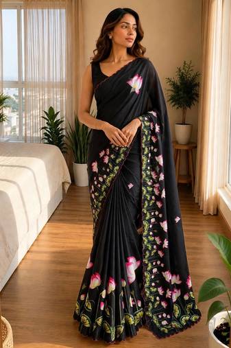 black silk blend floral print ready to wear saree