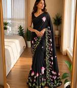 black silk blend floral print ready to wear saree