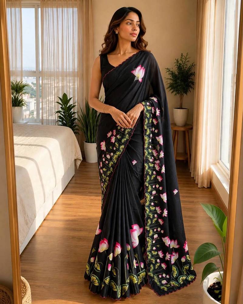 black silk blend floral print ready to wear saree