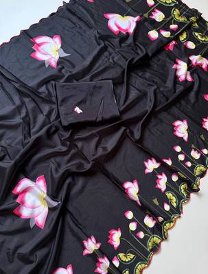 black silk blend floral print ready to wear saree 2