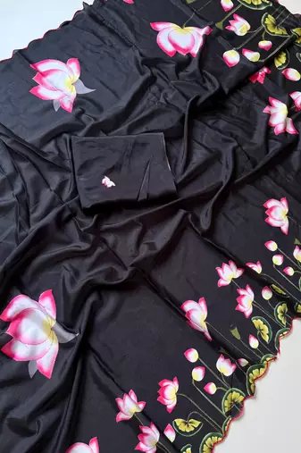 black silk blend floral print ready to wear saree