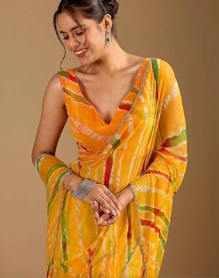 Yellow leheriya beads and stones poly chiffon saree 1