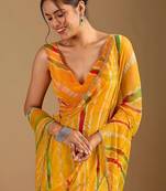 Yellow leheriya beads and stones poly chiffon saree