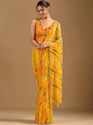 Yellow leheriya beads and stones poly chiffon saree 2