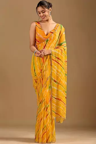 Yellow leheriya beads and stones poly chiffon saree