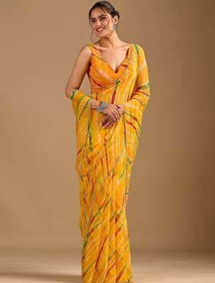 Yellow leheriya beads and stones poly chiffon saree 3