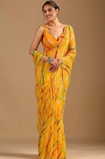 Yellow leheriya beads and stones poly chiffon saree