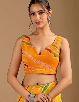 Yellow leheriya beads and stones poly chiffon saree 4