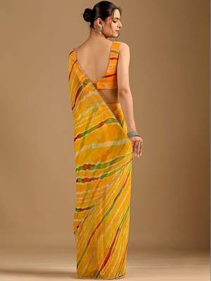 Yellow leheriya beads and stones poly chiffon saree 5