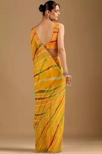 Yellow leheriya beads and stones poly chiffon saree