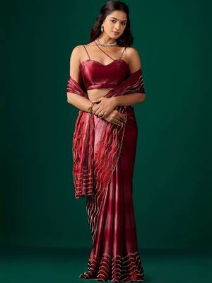Maroon embellished beads and stones satin saree 1