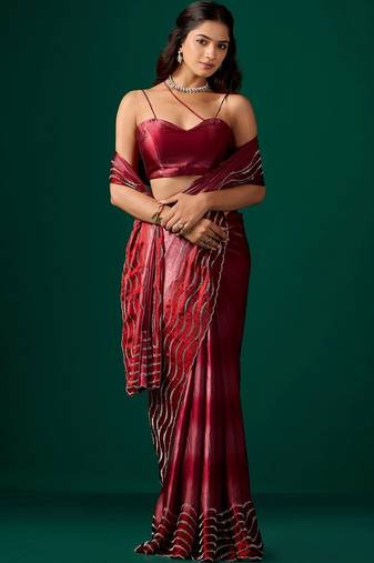 Maroon embellished beads and stones satin saree