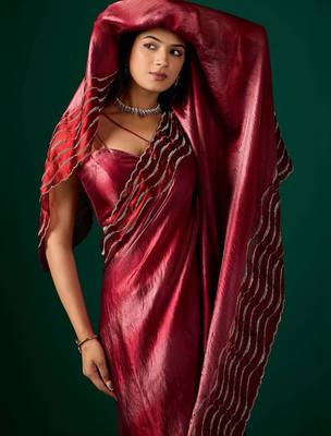 Maroon embellished beads and stones satin saree 2