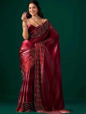 Maroon embellished beads and stones satin saree 3