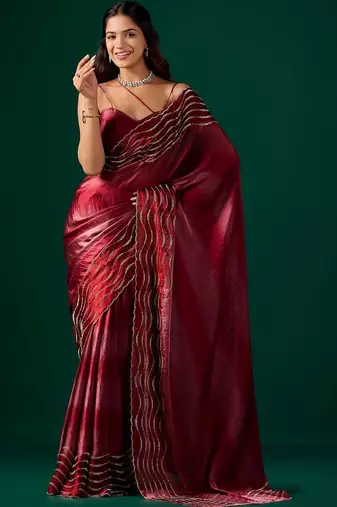 Maroon embellished beads and stones satin saree