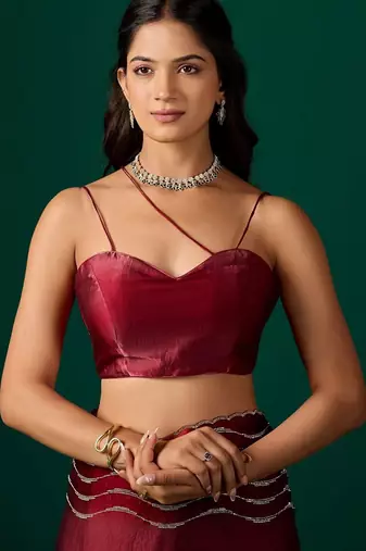 Maroon embellished beads and stones satin saree