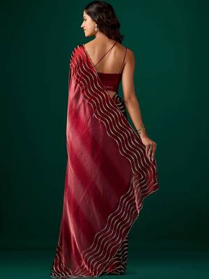 Maroon embellished beads and stones satin saree 5