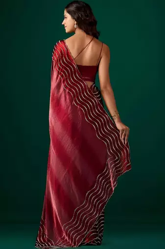 Maroon embellished beads and stones satin saree
