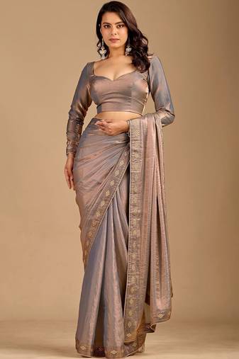 Grey ethnic motifs embroidered organza heavy work saree