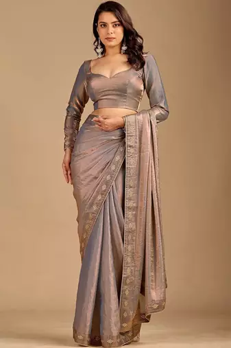 Grey ethnic motifs embroidered organza heavy work saree