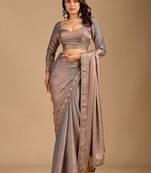 Grey ethnic motifs embroidered organza heavy work saree