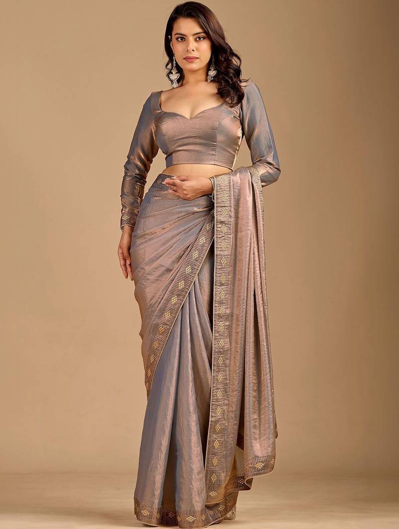Grey ethnic motifs embroidered organza heavy work saree