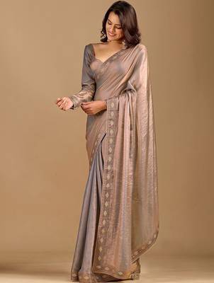 Grey ethnic motifs embroidered organza heavy work saree 3