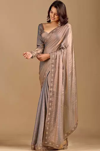 Grey ethnic motifs embroidered organza heavy work saree