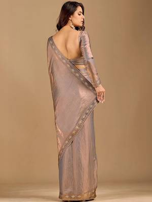 Grey ethnic motifs embroidered organza heavy work saree 4