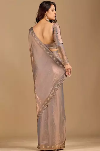 Grey ethnic motifs embroidered organza heavy work saree