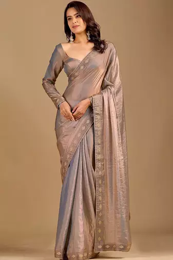 Grey ethnic motifs embroidered organza heavy work saree