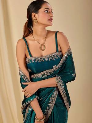 Teal ethnic motifs embroidered organza saree 2