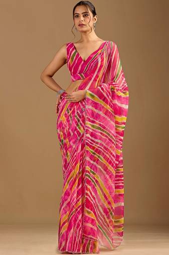 Pink leheriya beads and stones poly chiffon saree