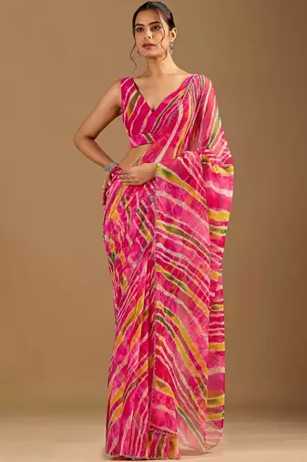 Pink leheriya beads and stones poly chiffon saree