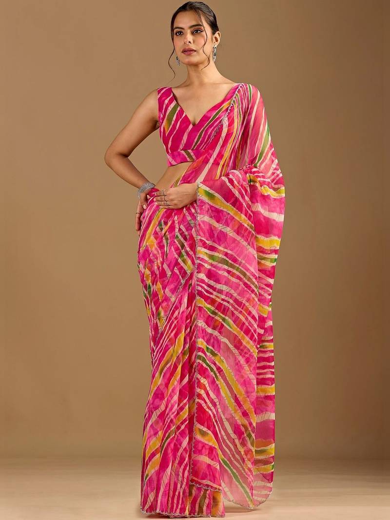 Pink leheriya beads and stones poly chiffon saree