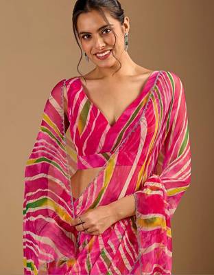 Pink leheriya beads and stones poly chiffon saree 2