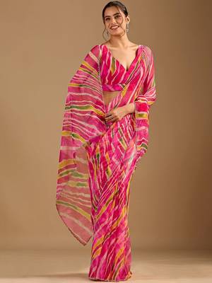 Pink leheriya beads and stones poly chiffon saree 3