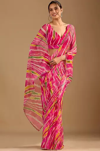 Pink leheriya beads and stones poly chiffon saree