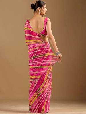 Pink leheriya beads and stones poly chiffon saree 4