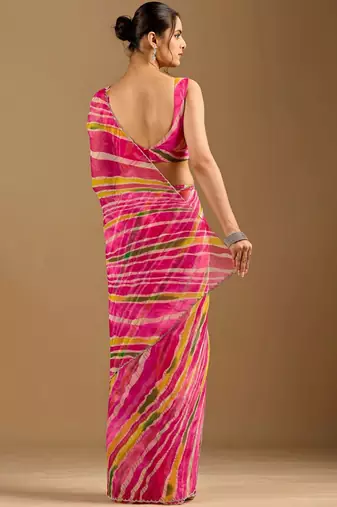 Pink leheriya beads and stones poly chiffon saree