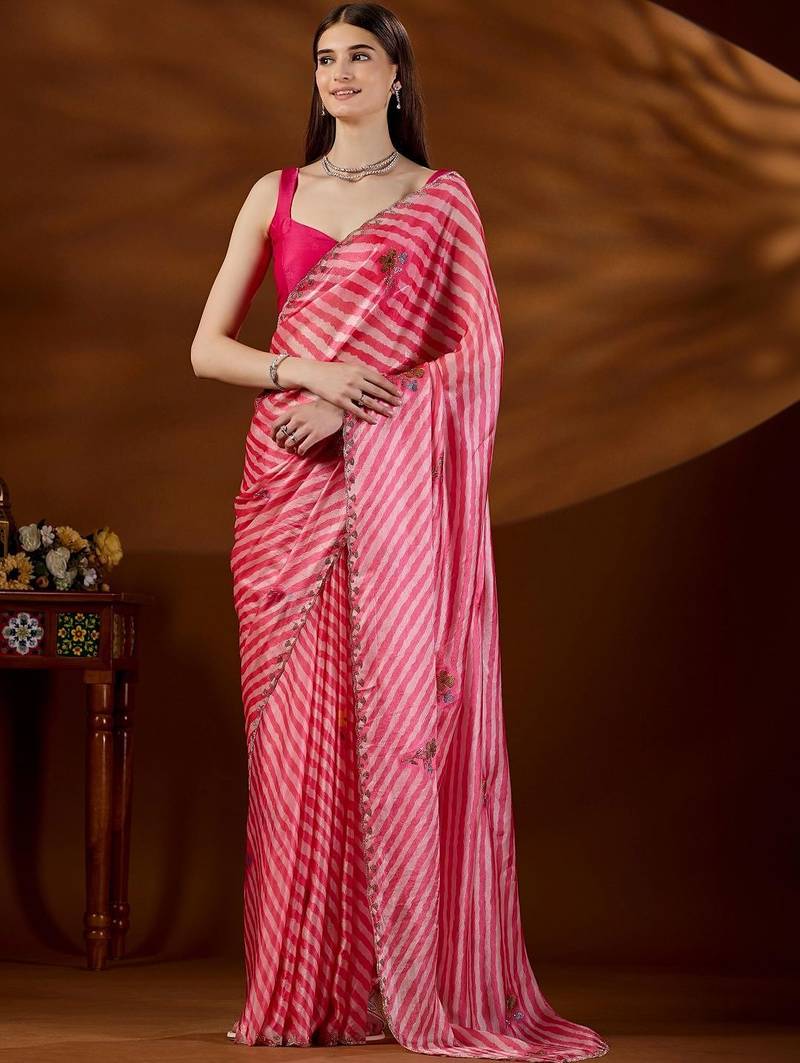 Pink women leheriya embroidered saree
