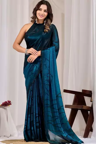 Teal beads and stones organza saree
