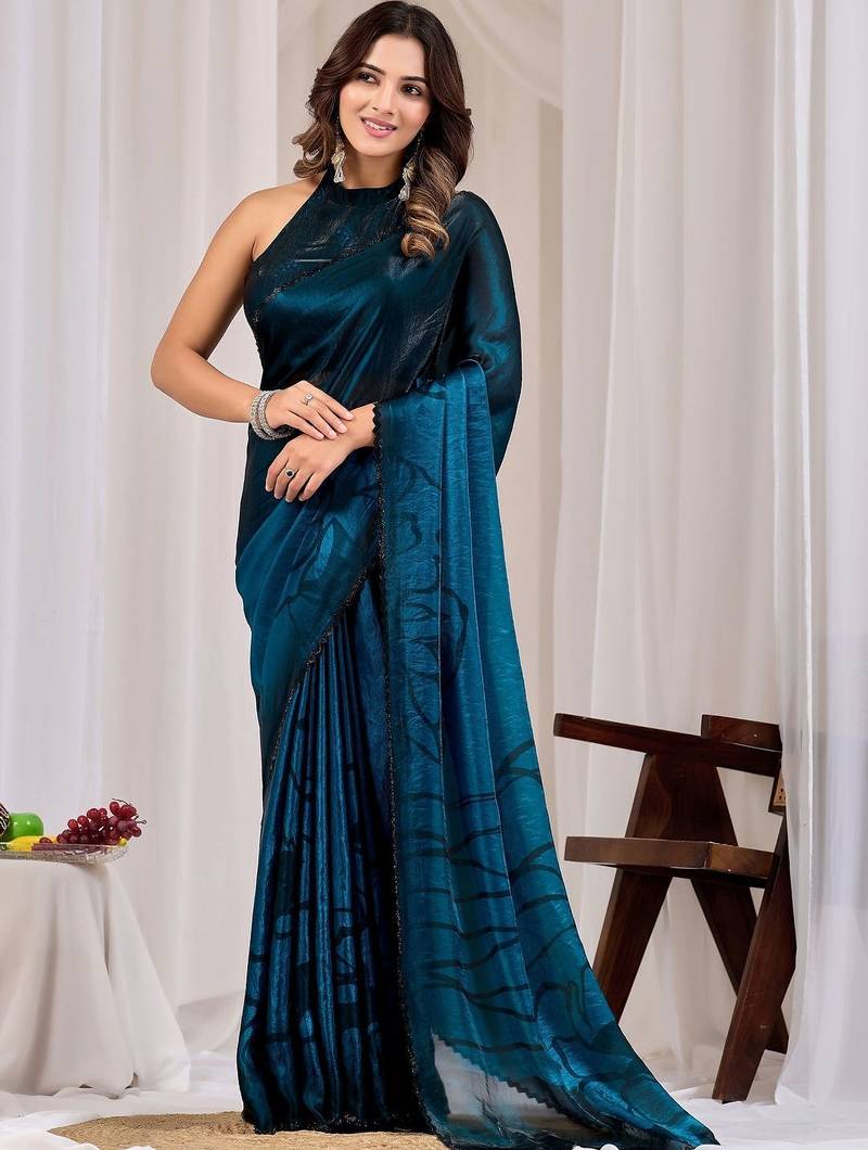 Teal beads and stones organza saree