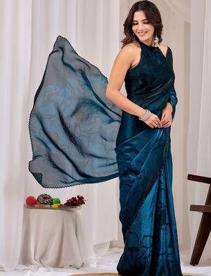 Teal beads and stones organza saree 2