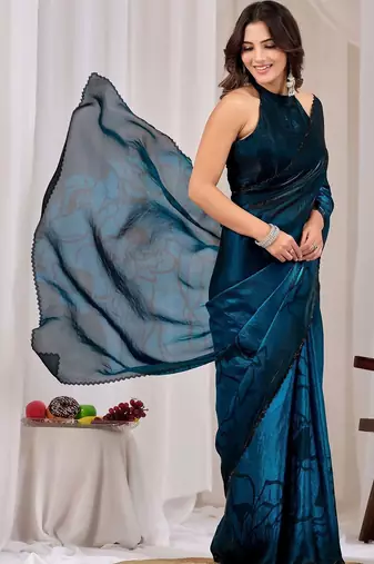 Teal beads and stones organza saree
