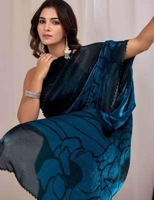 Teal beads and stones organza saree 3