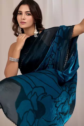 Teal beads and stones organza saree